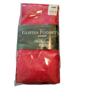 Holiday Things Glitter Poinsettia Red Napkins Set Of 4 17"x17"  jj3595
